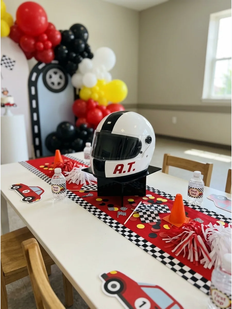 White racing helmet centerpiece surrounded by small checkered flags.