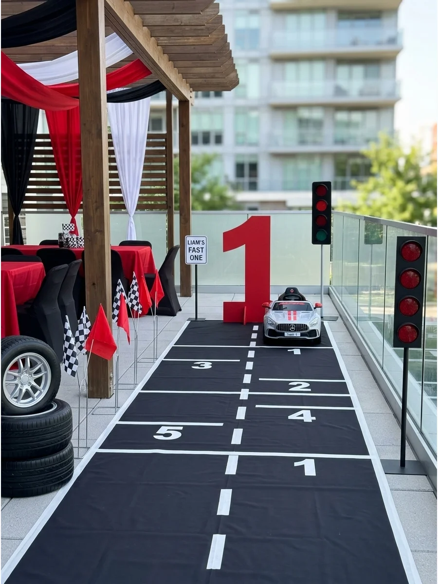 A black floor runner styled as a racing track with a silver ride-on car for a toddler.