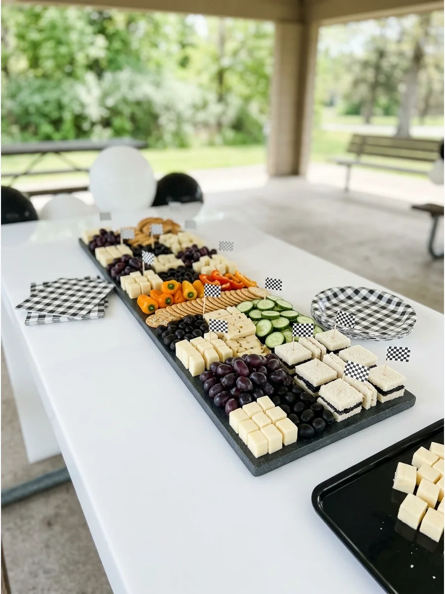 A checkered cheese and fruit board with small racing flags on a wooden table.