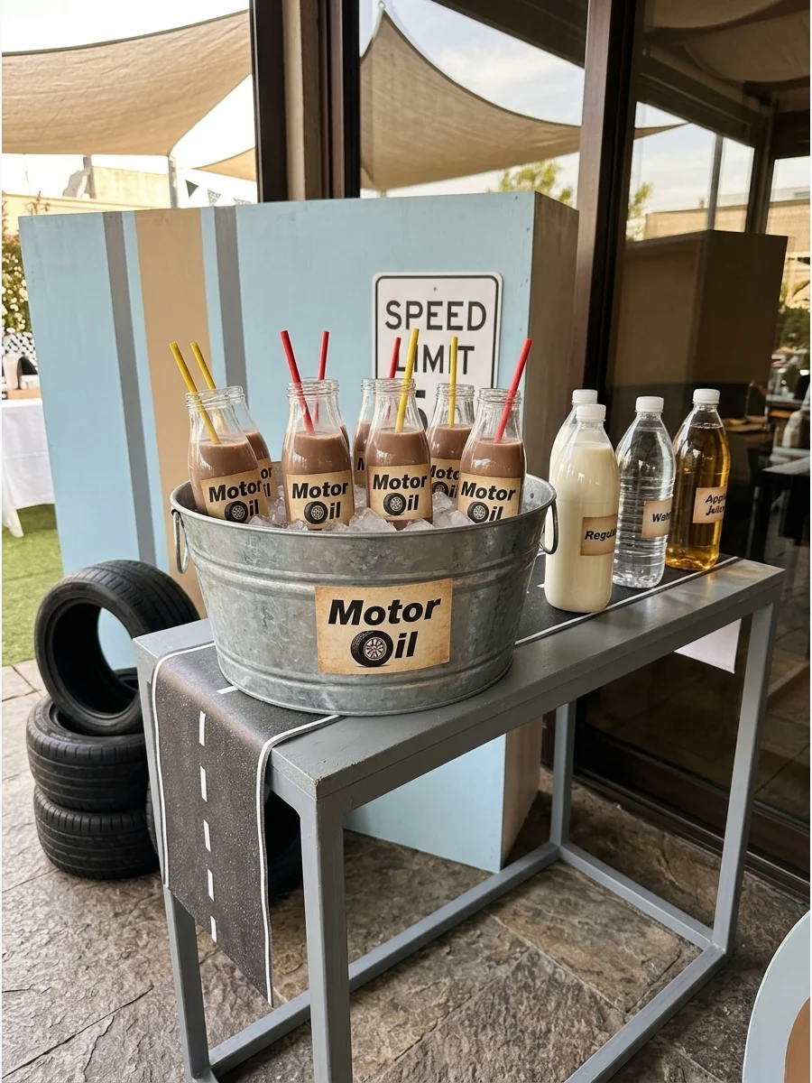 Glass milk bottles with Motor Oil labels sitting in a metal ice bucket.