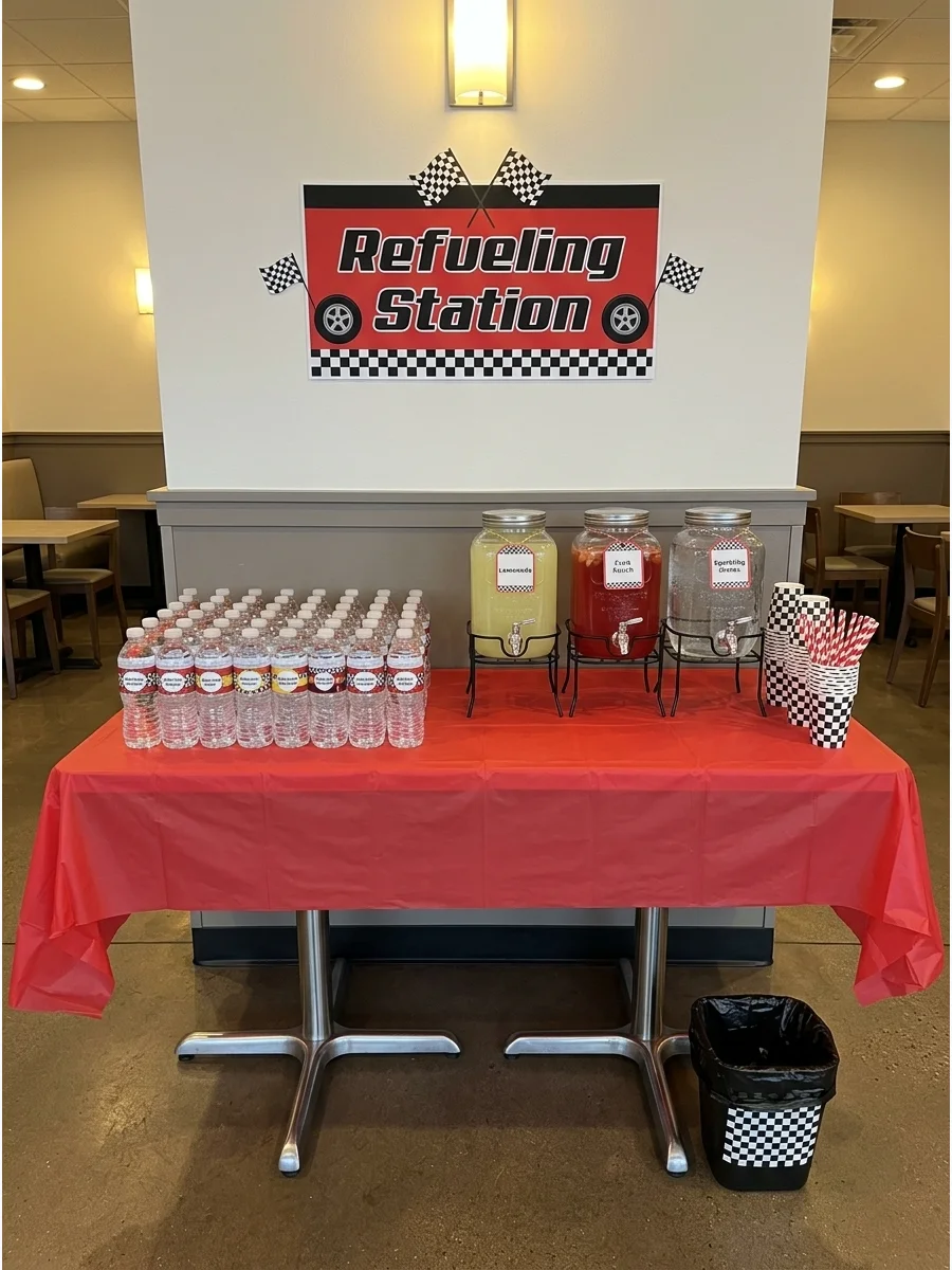 A drink station with a Refueling sign and themed water bottles on a checkered cloth.