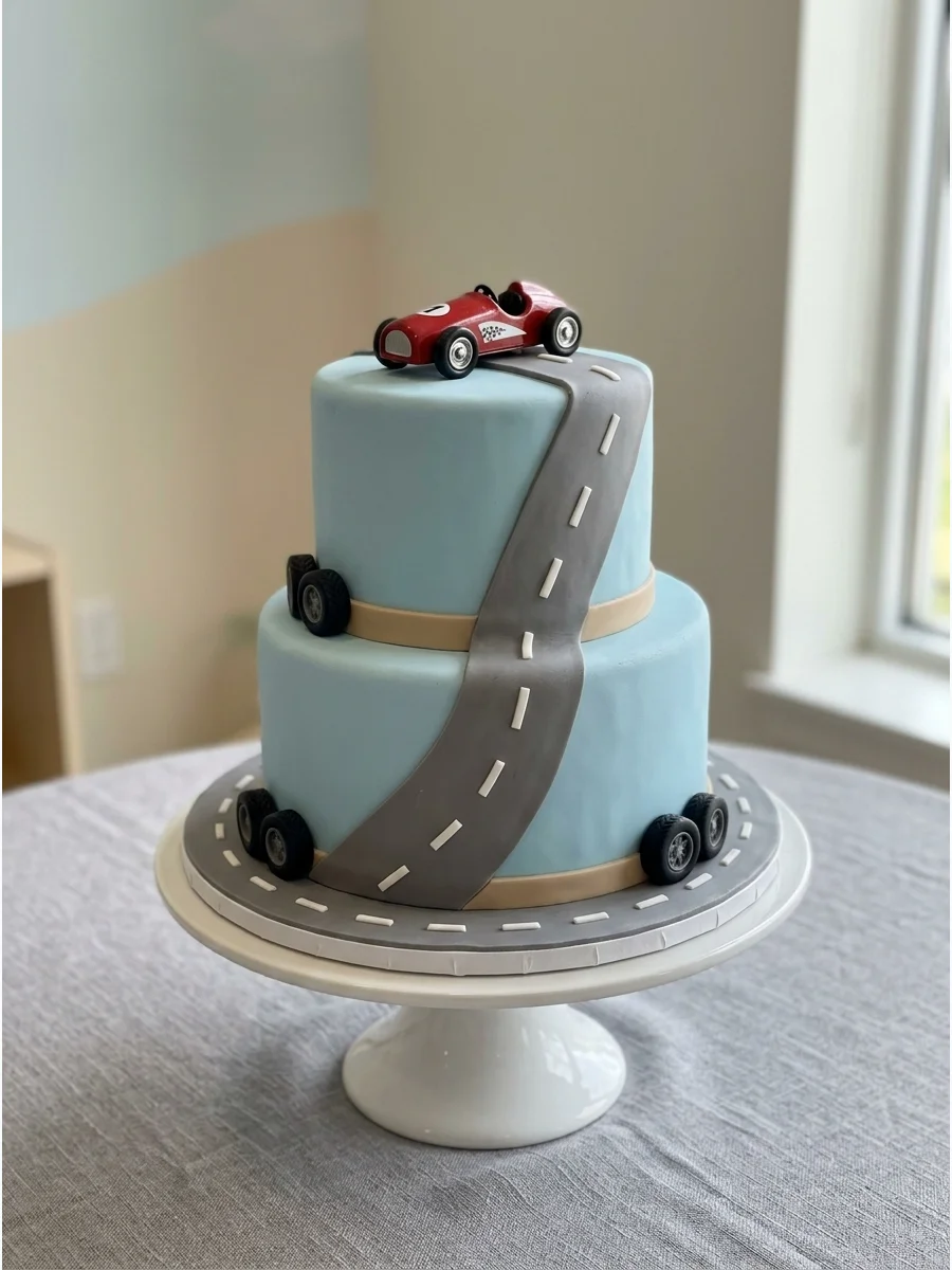 A grey racetrack cake with a small red toy car and white dashed road lines.