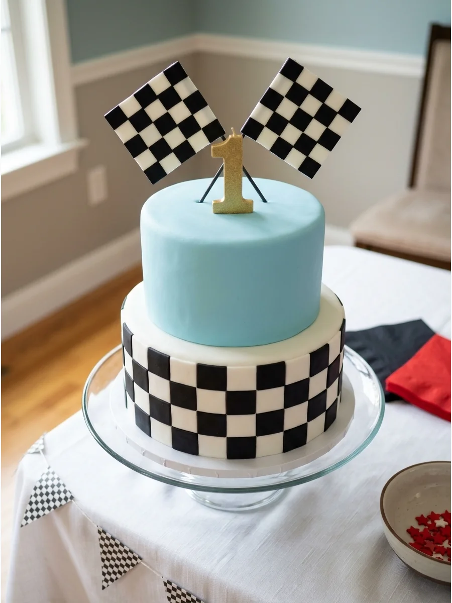 A two-tier birthday cake with a checkered base and a light blue top tier.