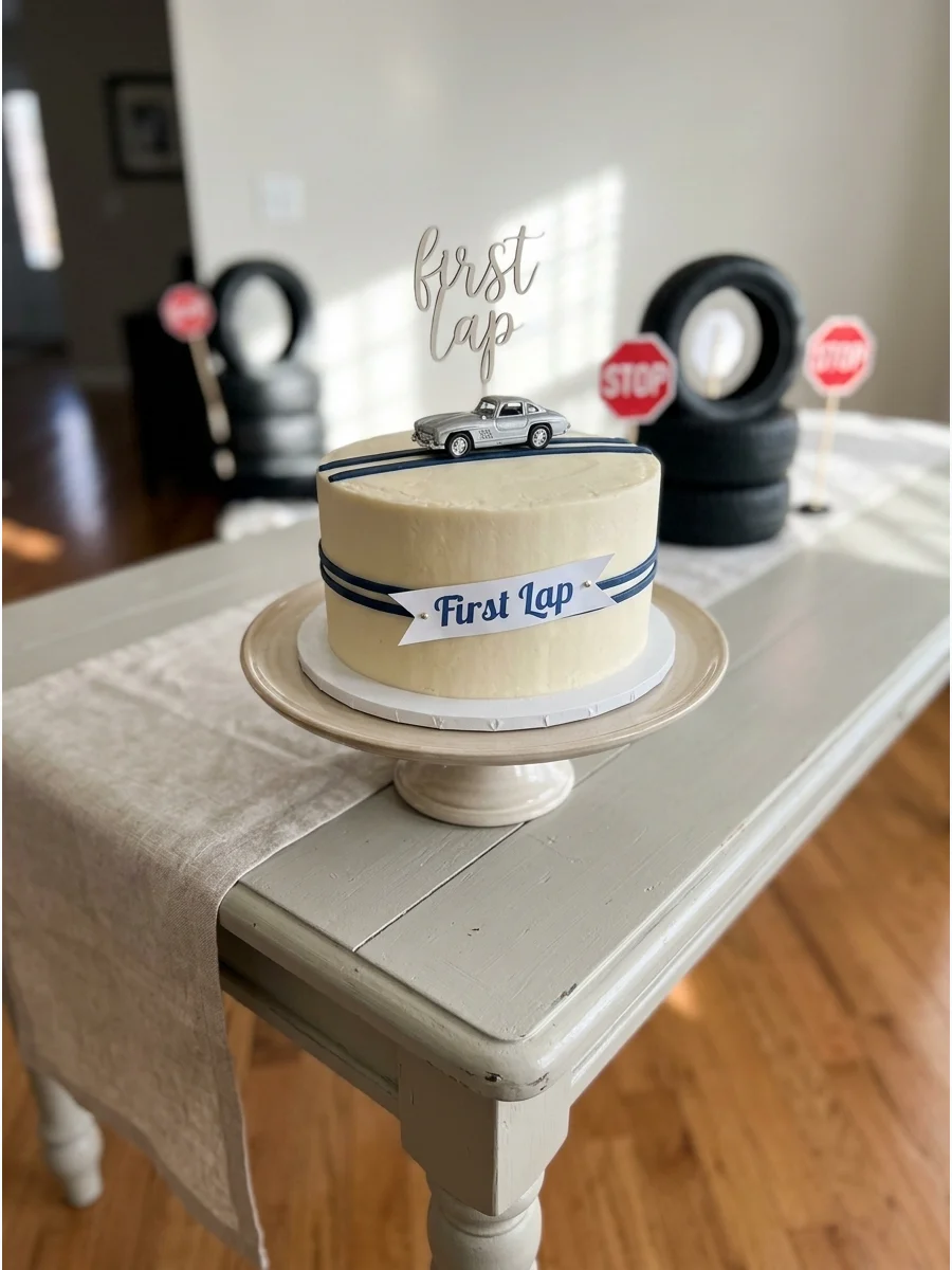 A cream colored cake with blue stripes and a vintage toy car on top.