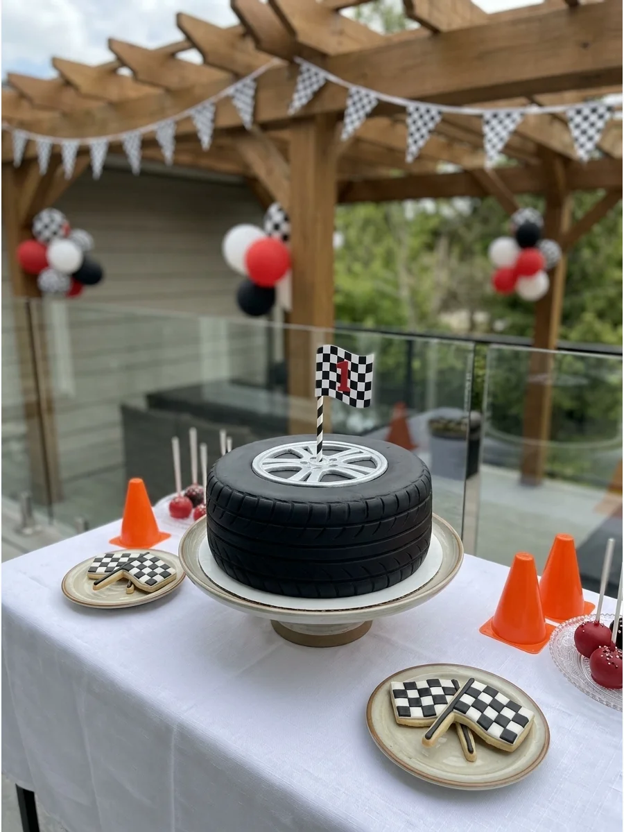 A chocolate cake decorated to look like a black racing tire with silver rims.