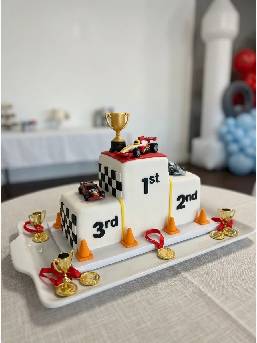 A podium-shaped cake with a gold trophy and racing cars on the different levels.