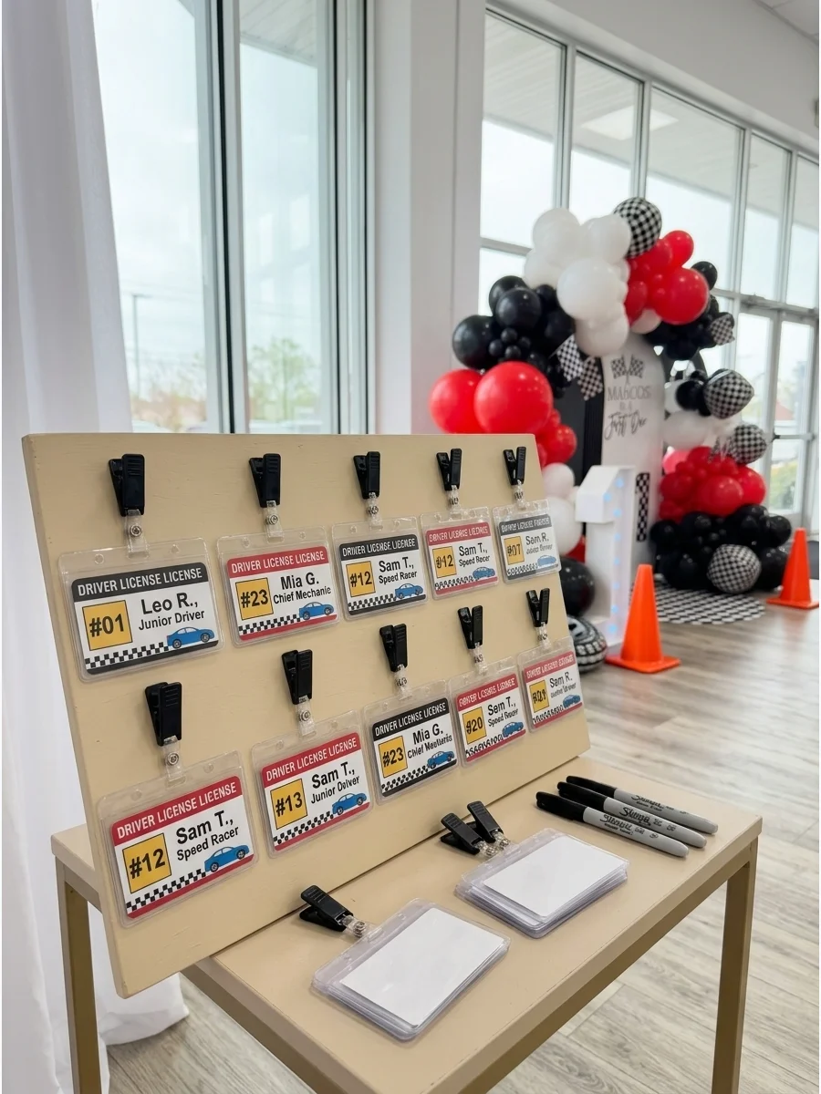 Personalized driver license badges for a children's racing party clipped to a display board.
