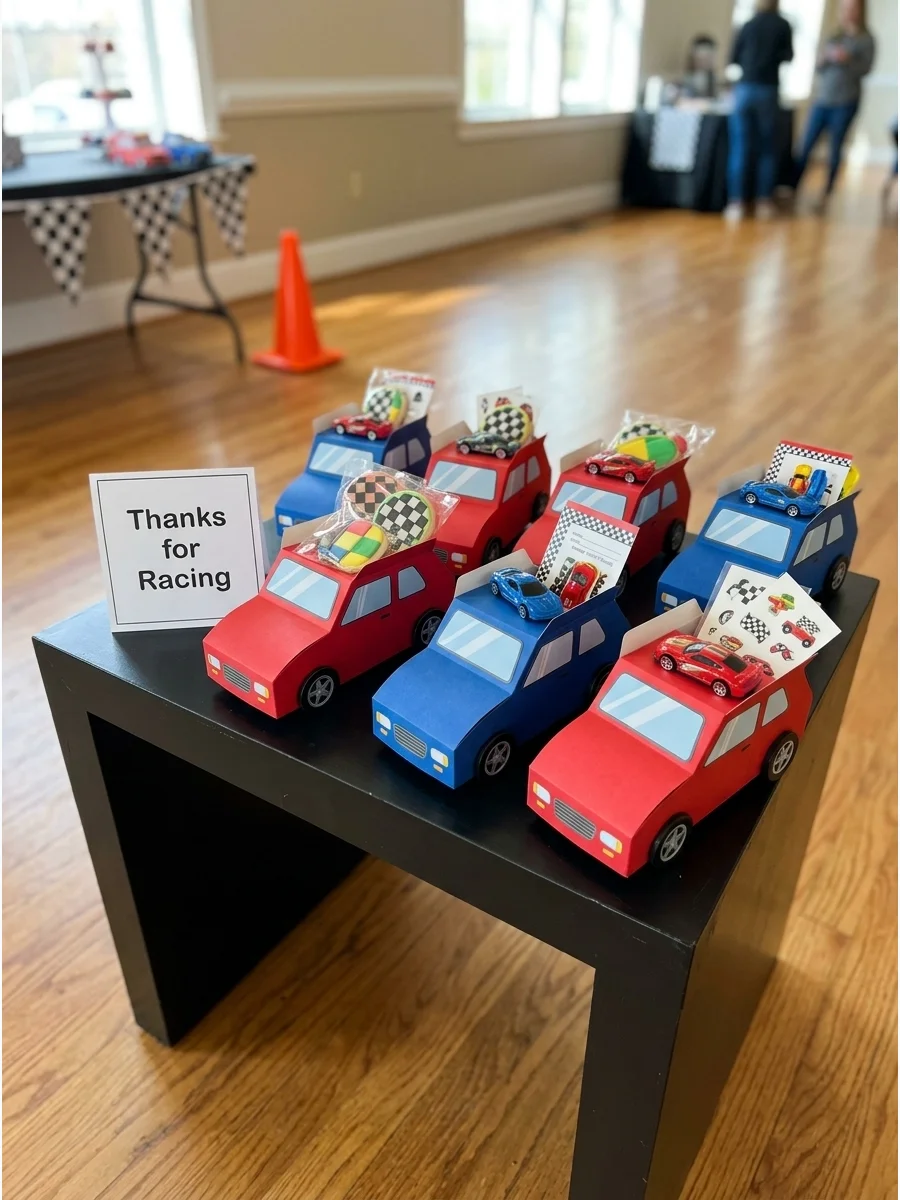 Cardstock favor boxes shaped like race cars sitting on a black display table.