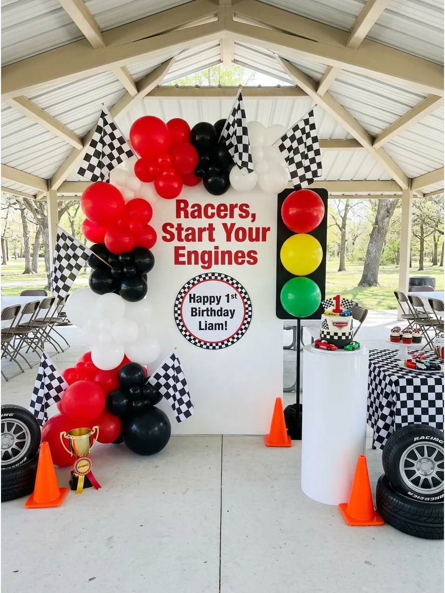A racing-themed backdrop with a traffic light balloon installation and bold red text.