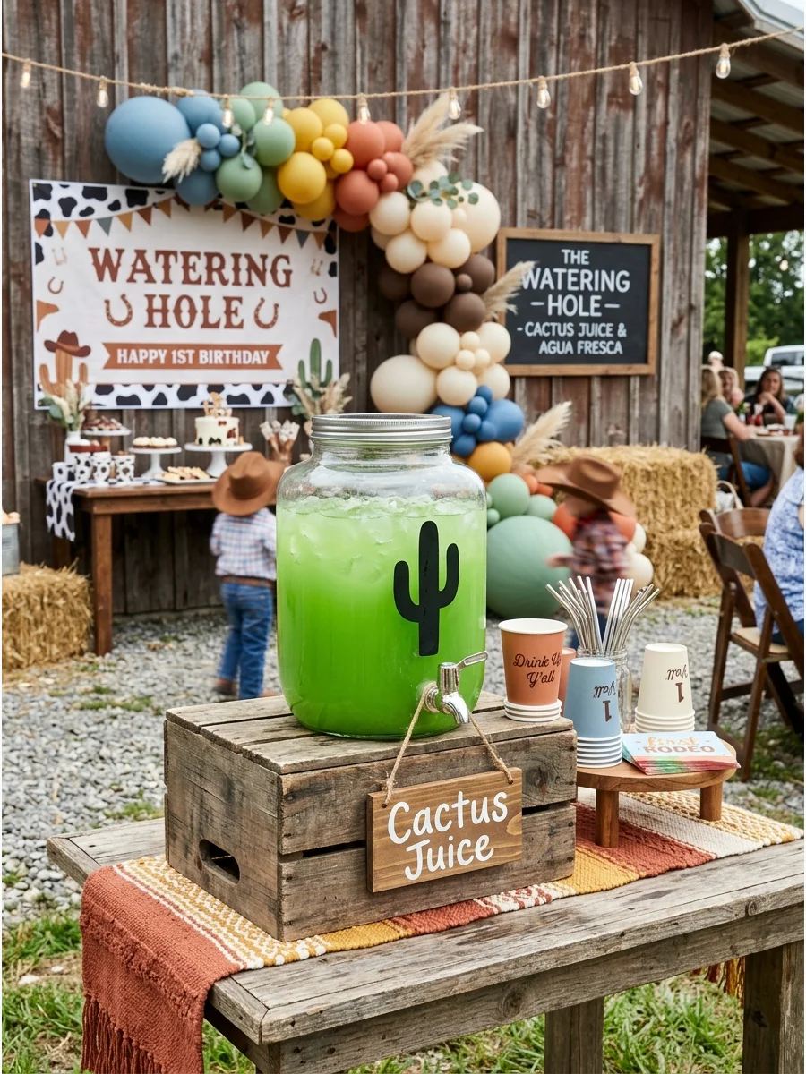A cactus juice drink station with a green punch dispenser and rustic wooden signage.