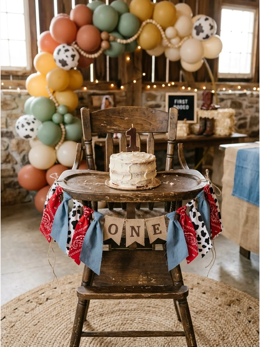 A decorated wooden high chair with a bandana banner and a western-themed smash cake.