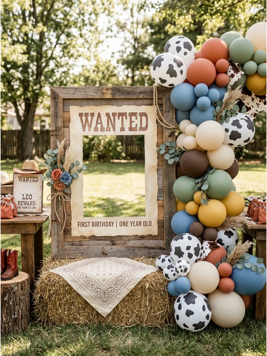 A wooden 'Wanted' poster photo frame prop with western typography at a first birthday party.