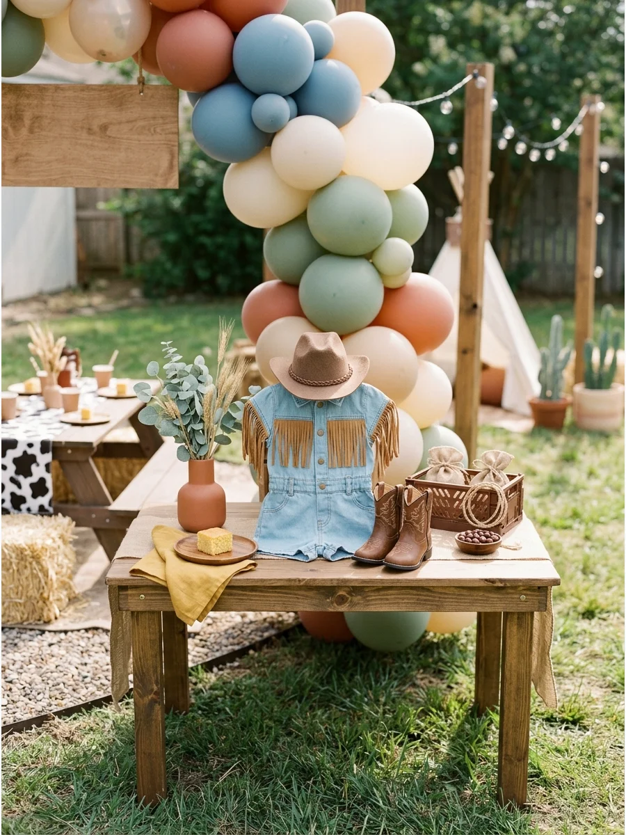 A flat lay of a toddler's denim and fringe romper with miniature cowboy boots.