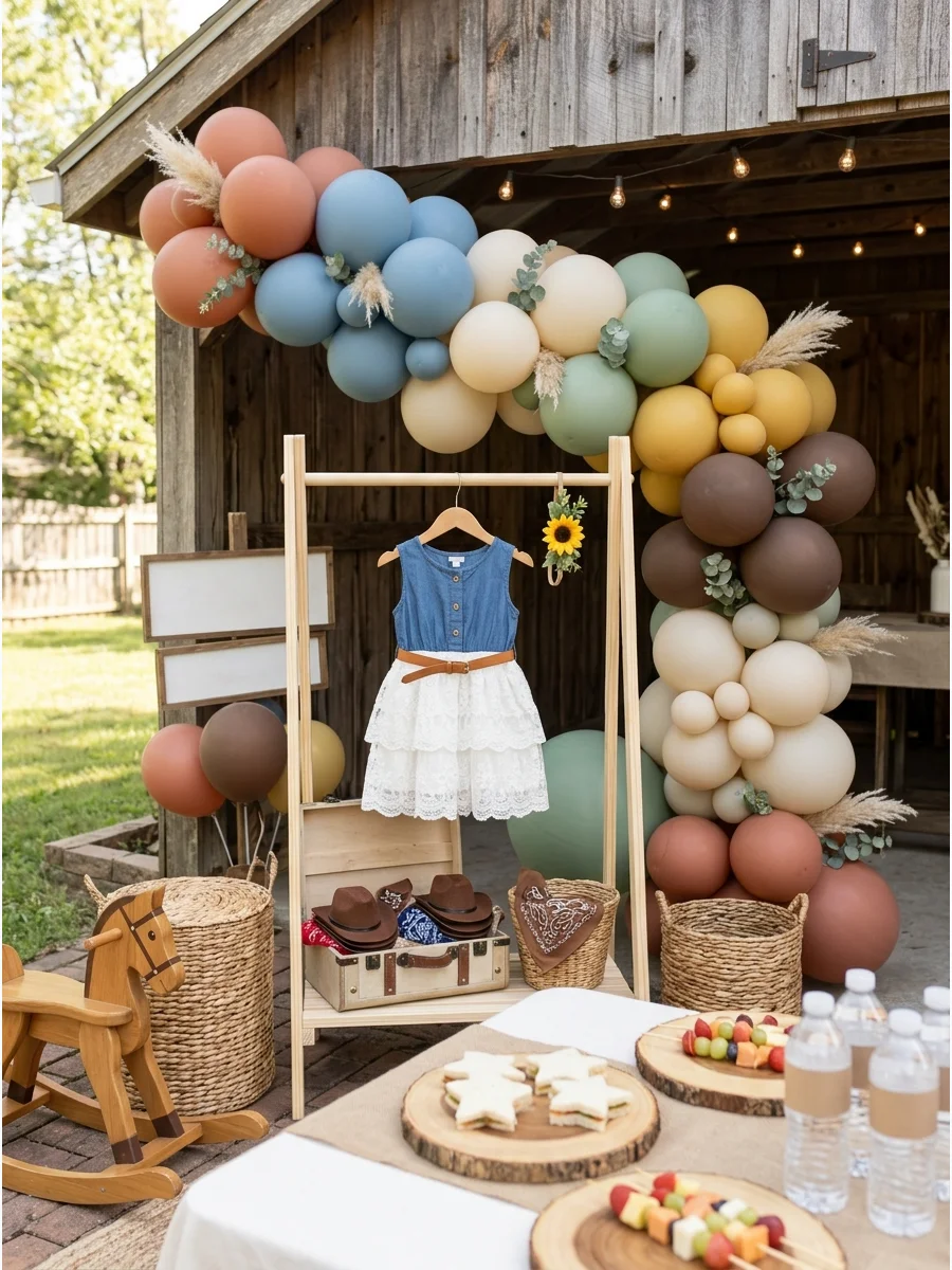 A toddler girl's western outfit with a denim bodice and lace skirt.