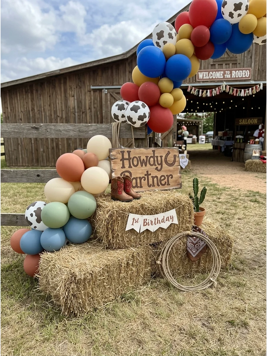 A rustic entrance display with hay bales, baby boots, and a 'Howdy Partner' sign.