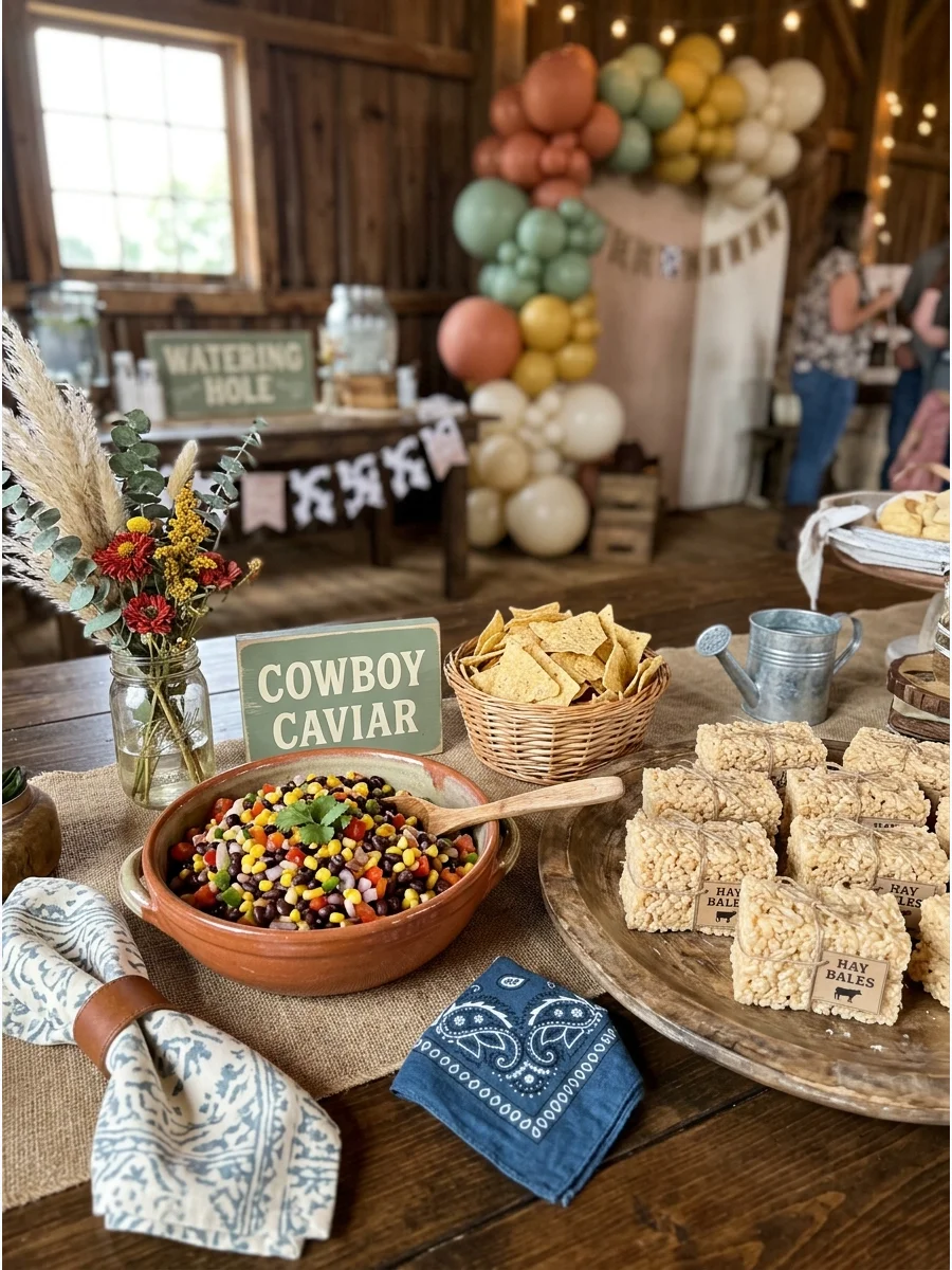 A party food spread featuring hay bale-shaped Rice Krispie treats and cowboy caviar.