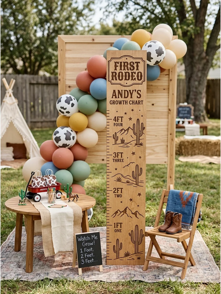A wooden growth chart with desert engravings and 'First Rodeo' text.