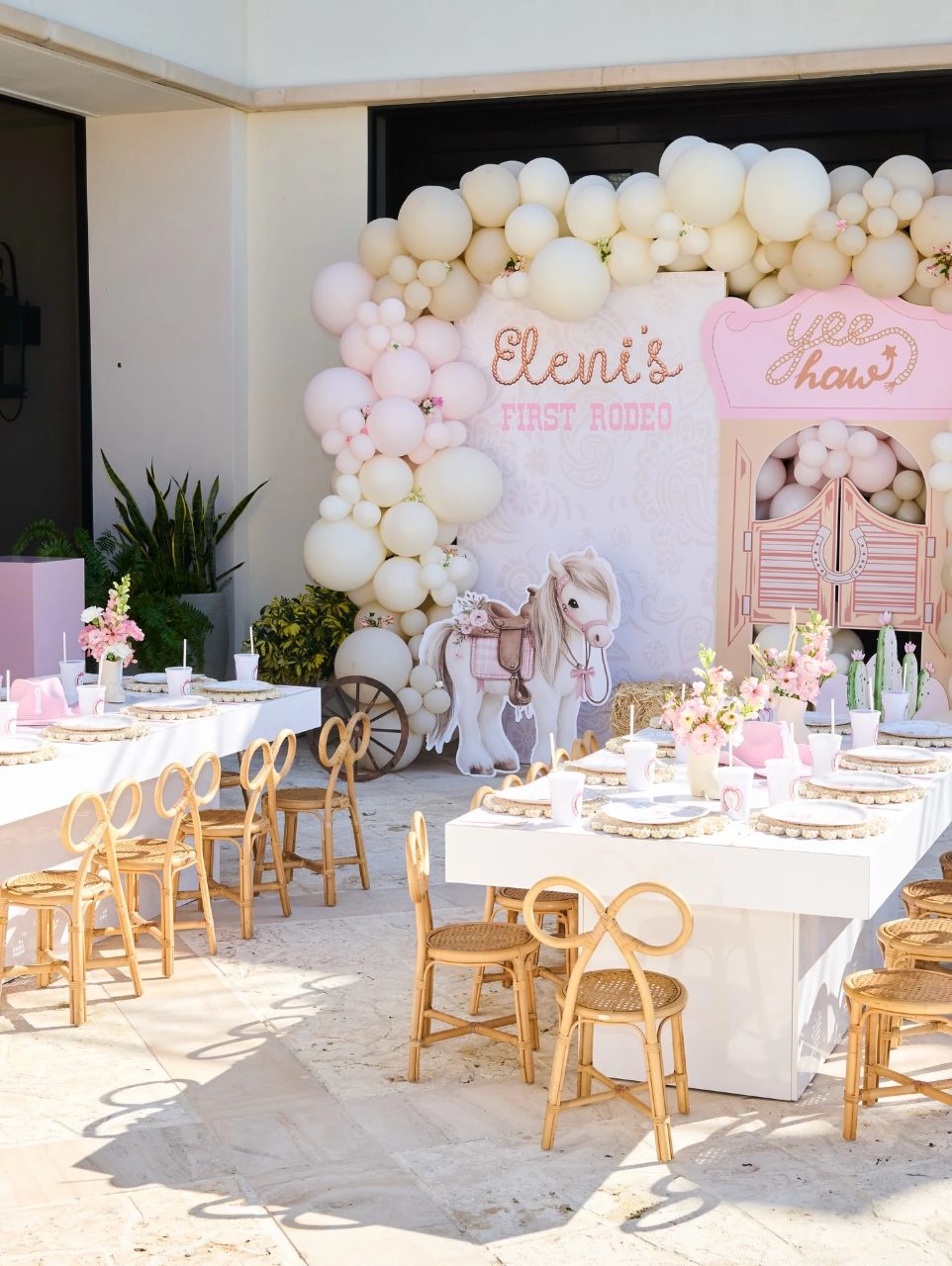 Pastel Western Backdrop Display first rodeo birthday party