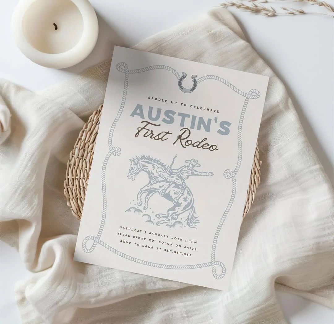 Vintage Typography Invitations first rodeo birthday party