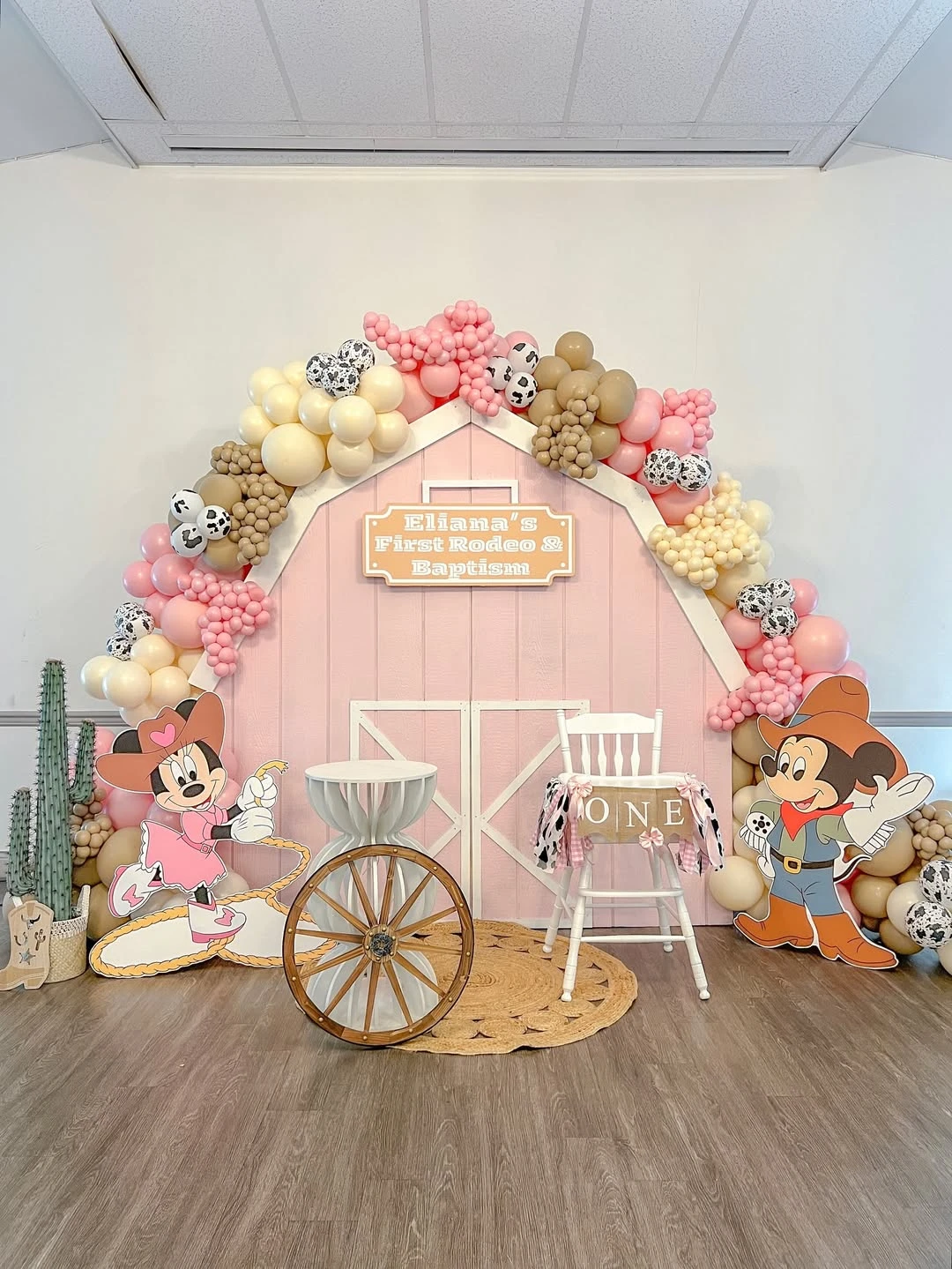 Pink Barn High Chair Setup first rodeo birthday party