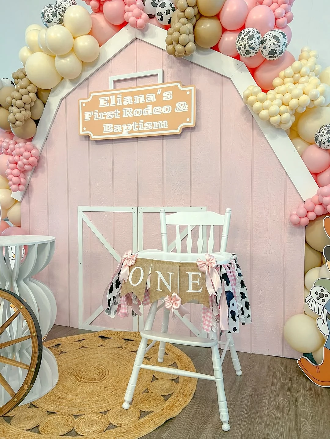 Pink Barn High Chair Setup first rodeo birthday party