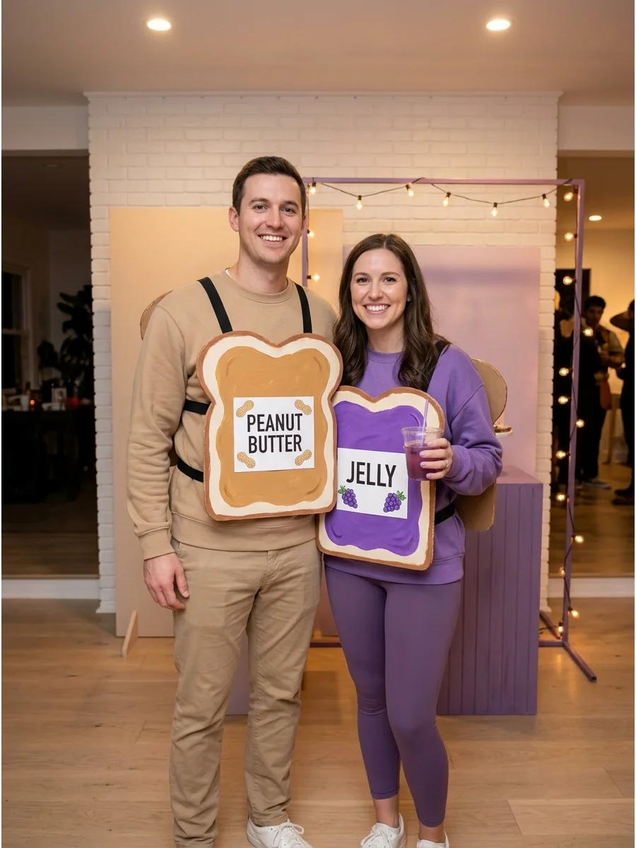 A couple wearing peanut butter and jelly labels on bread-shaped cardboard costumes.
