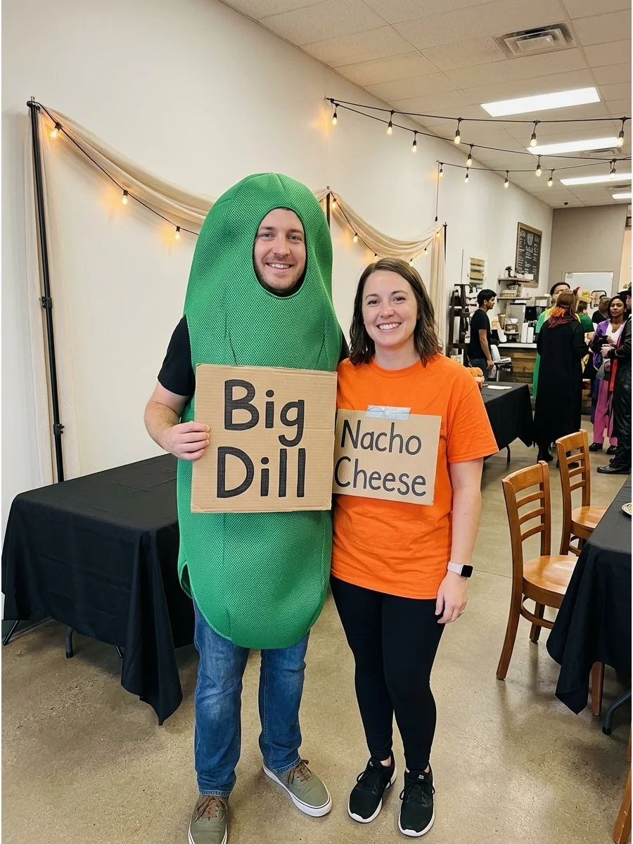 A couple wearing pun-based pickle and nacho cheese costumes.
