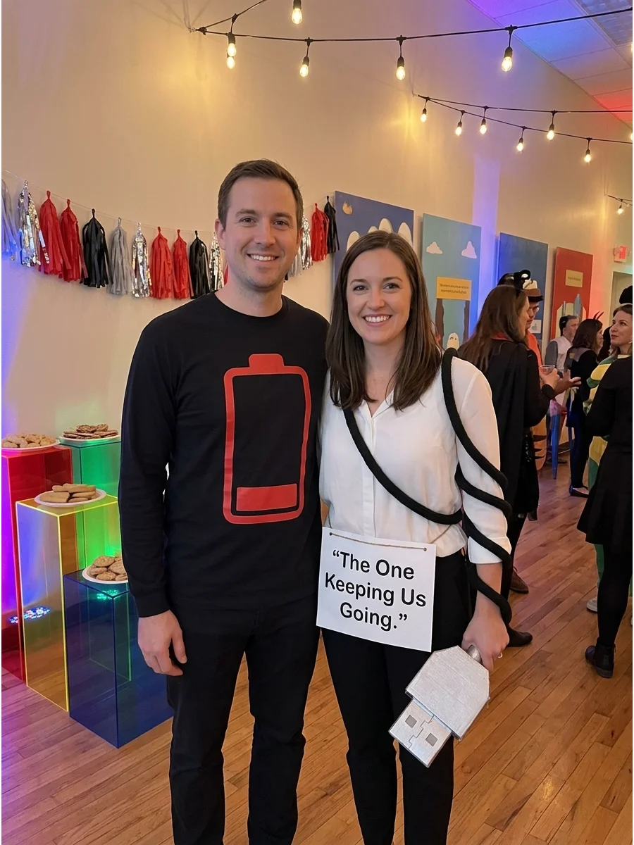 A couple wearing DIY low battery and phone charger costumes made from t-shirts and cardboard.