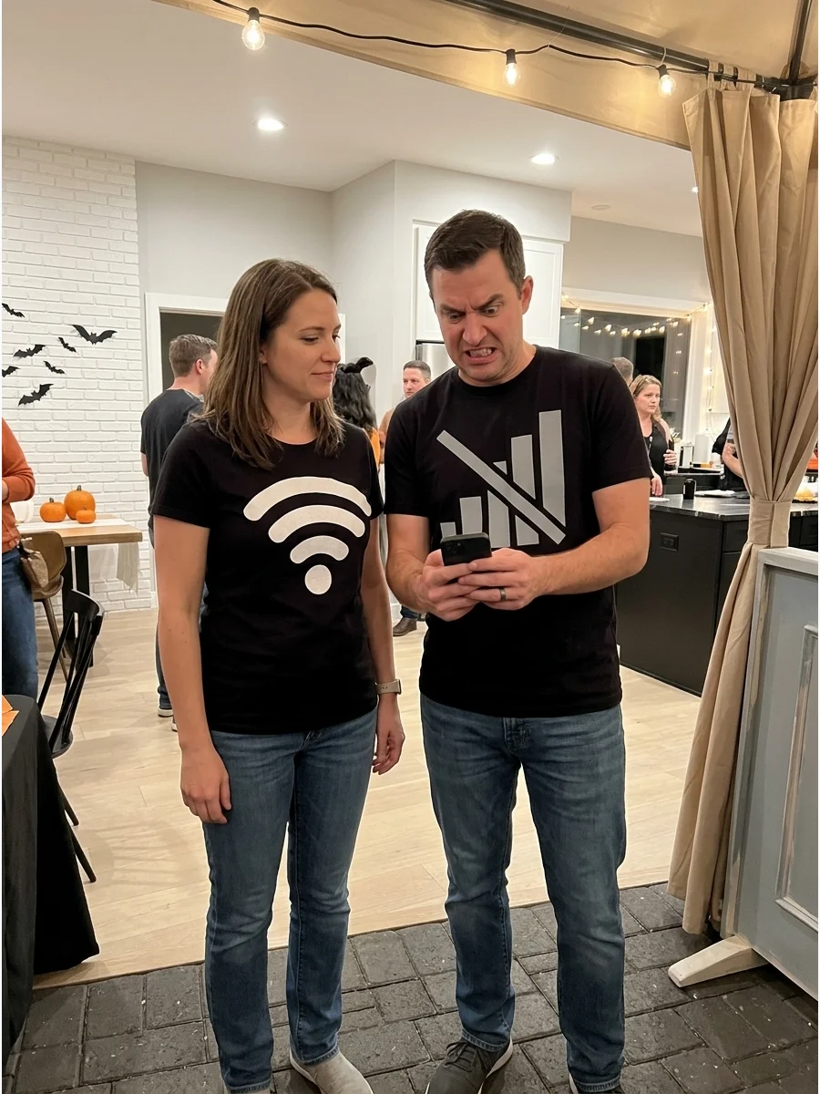 A duo wearing matching shirts with Wi-Fi and no signal symbols for a funny Halloween outfit.