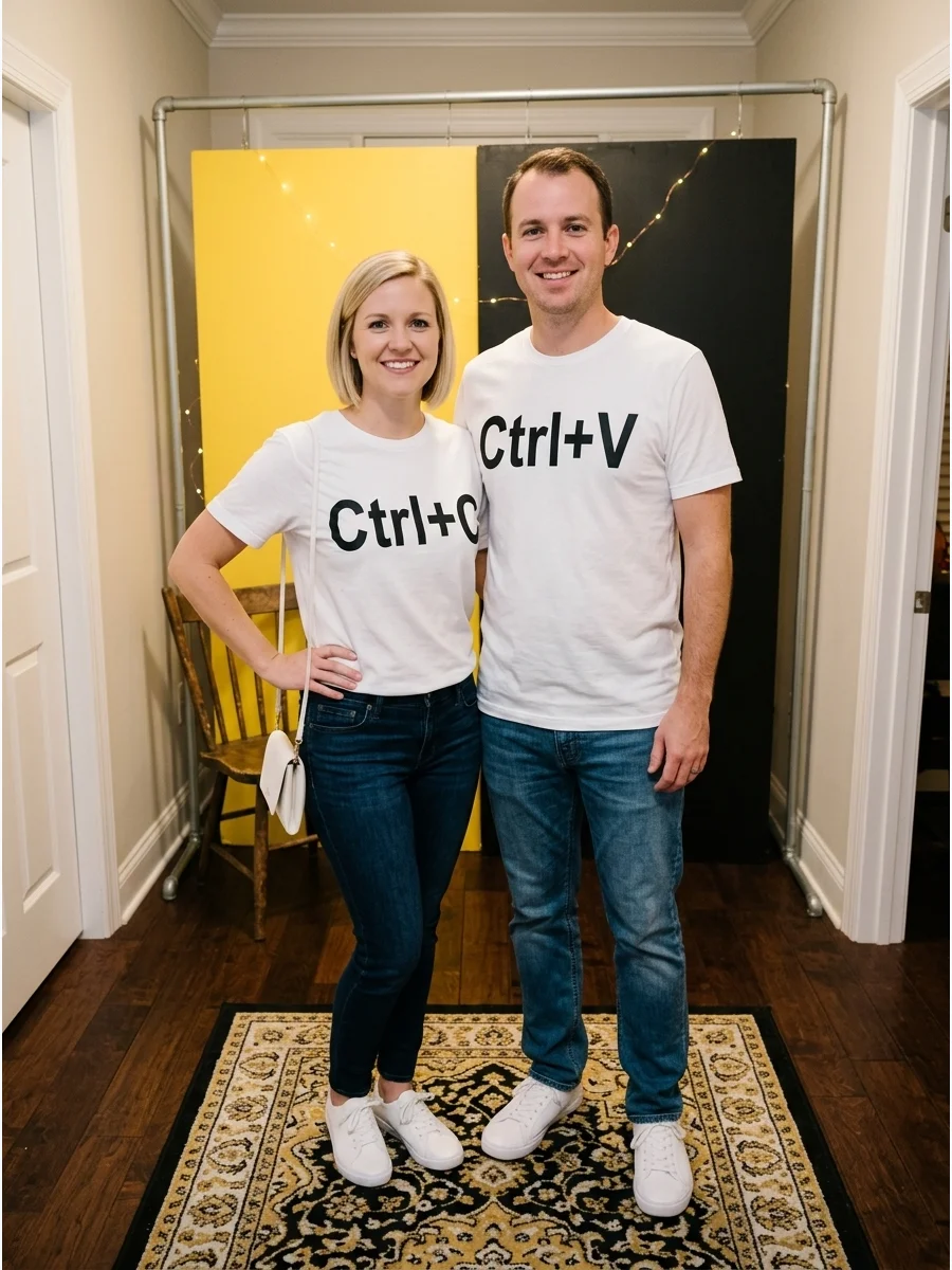 Two people in identical outfits with Copy and Paste labels on their white t-shirts.