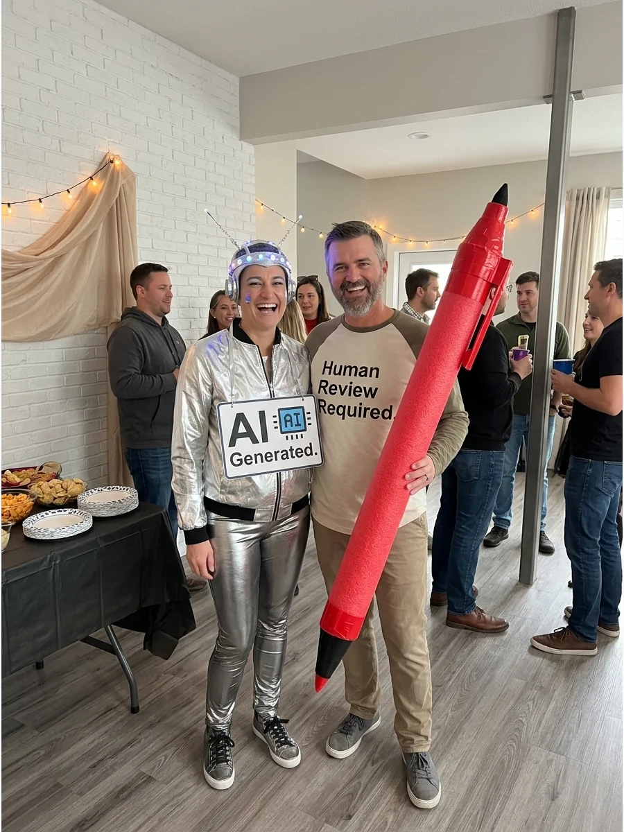 A couple dressed as an AI generator and a human editor with a giant red pen prop.
