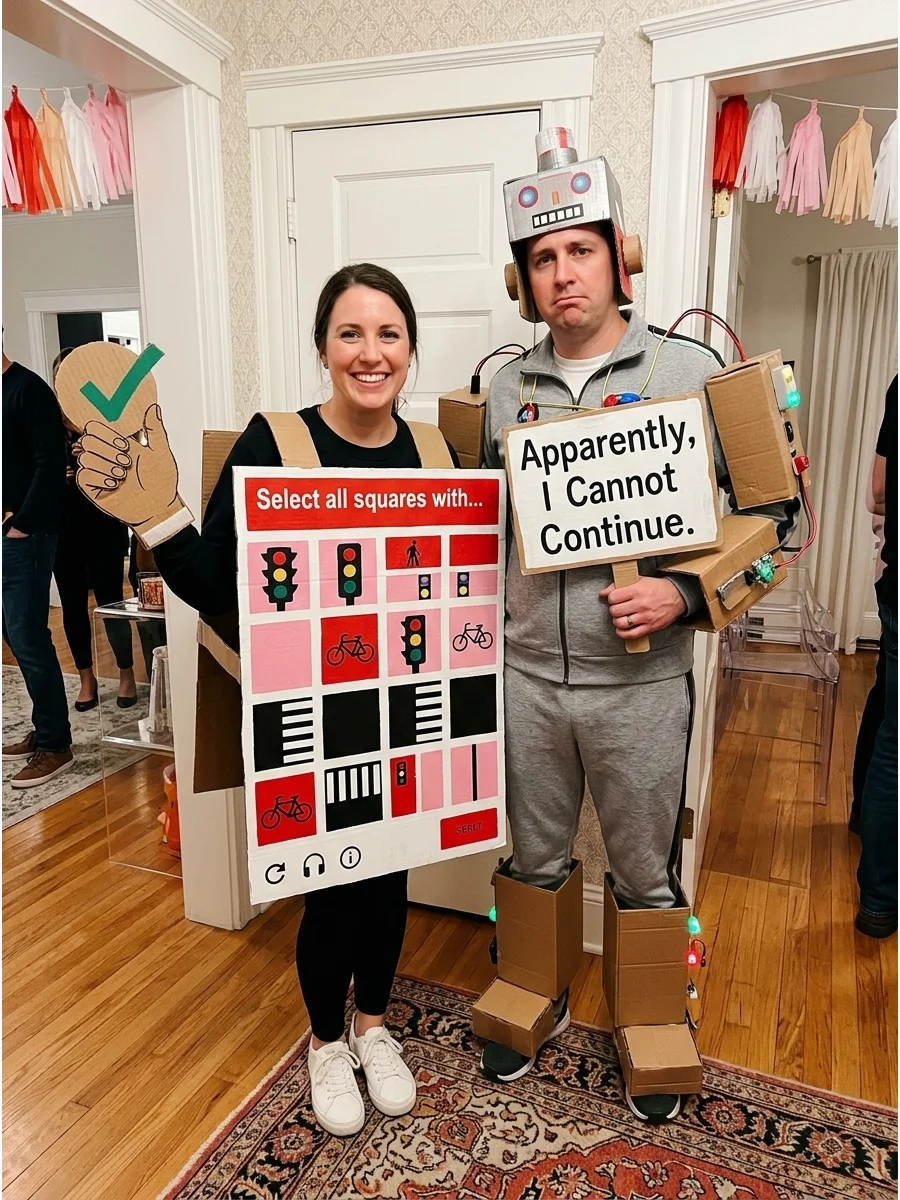 A couple wearing DIY Captcha and robot costumes made from cardboard and grey clothing.