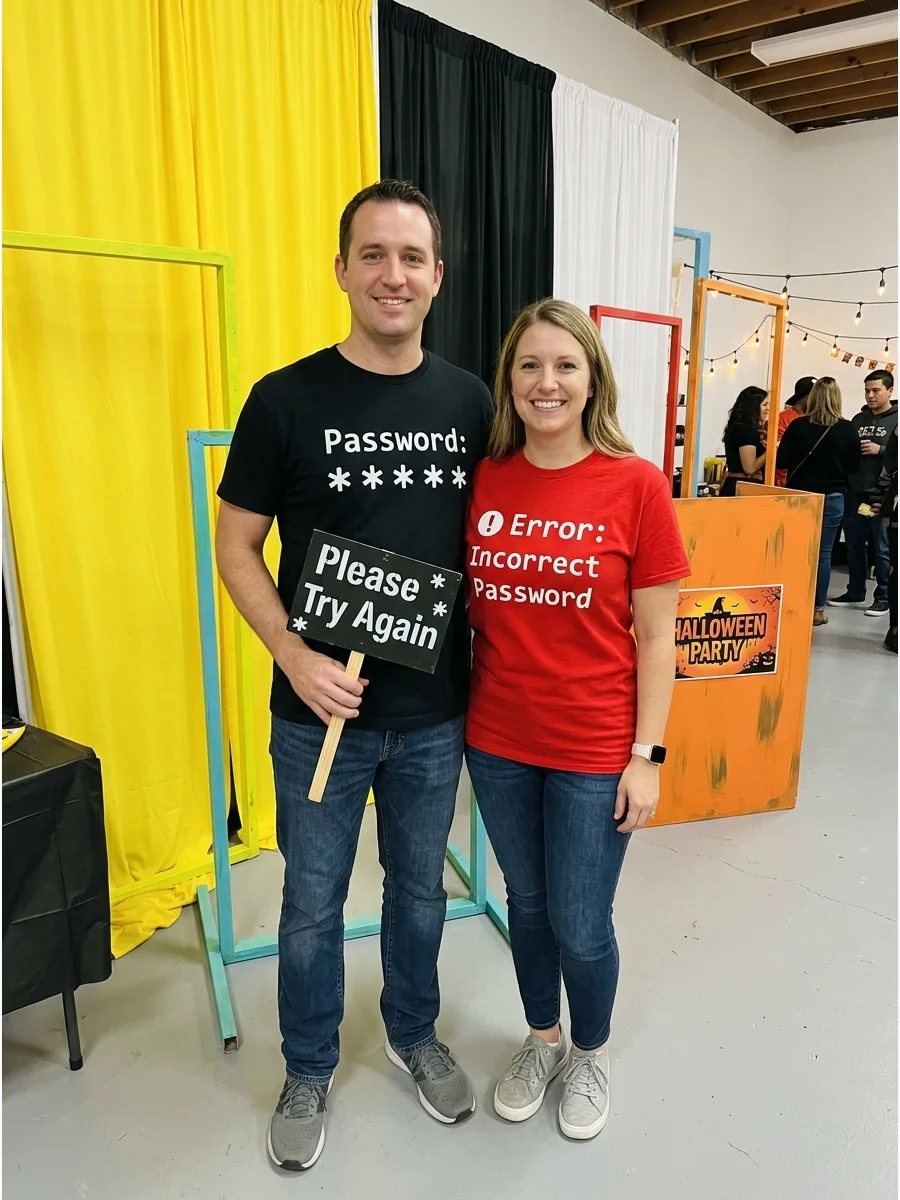 A couple wearing black and red shirts labeled Password and Incorrect Password.
