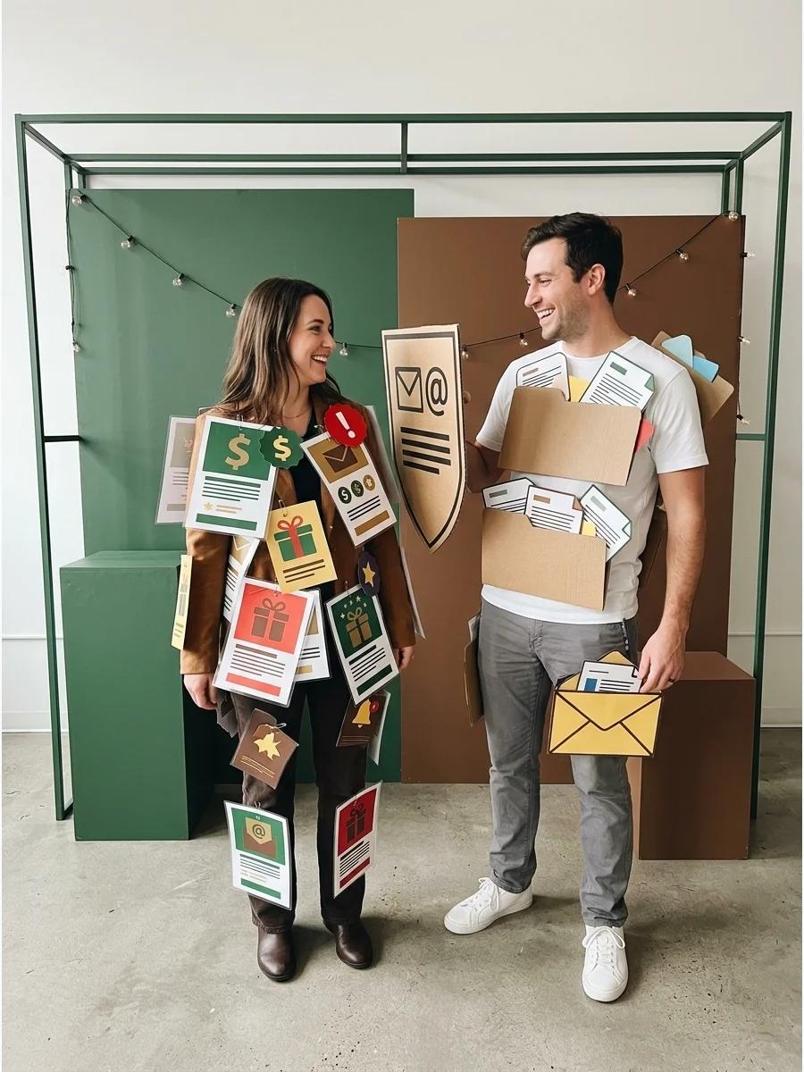 A couple dressed as spam email and an email inbox with paper props pinned to their clothes.
