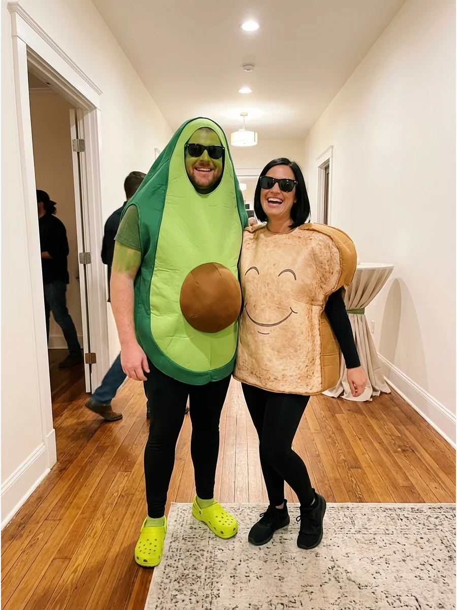 A couple dressed as an avocado and a slice of toast for Halloween.