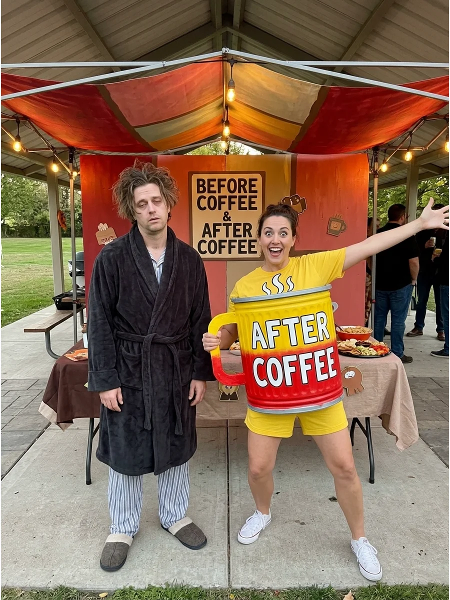 A couple wearing before and after coffee costumes with a bathrobe and a giant coffee cup prop.