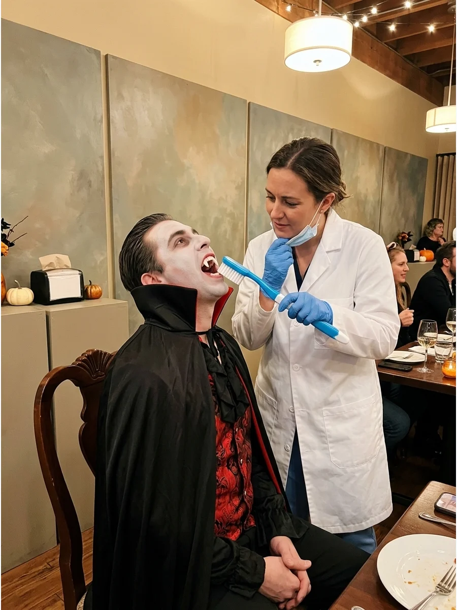 A couple dressed as a vampire and a dentist with a giant toothbrush.