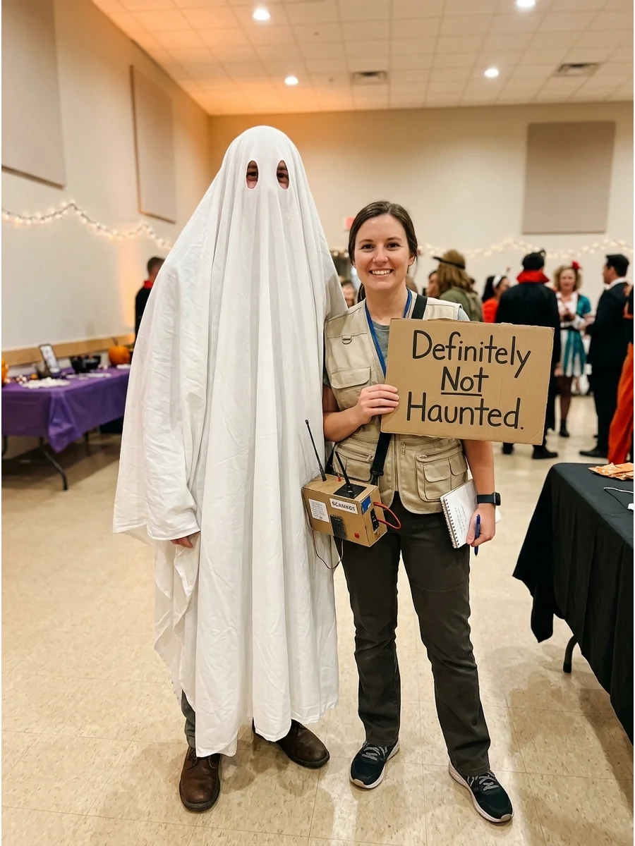 A couple dressed as a sheet ghost and a paranormal investigator.