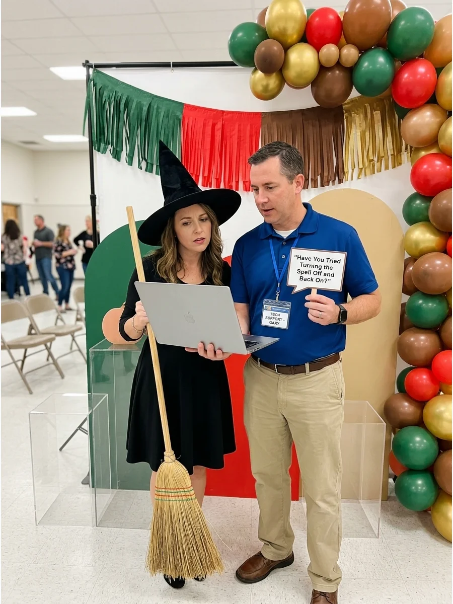 A witch and a tech support worker looking at a laptop together.
