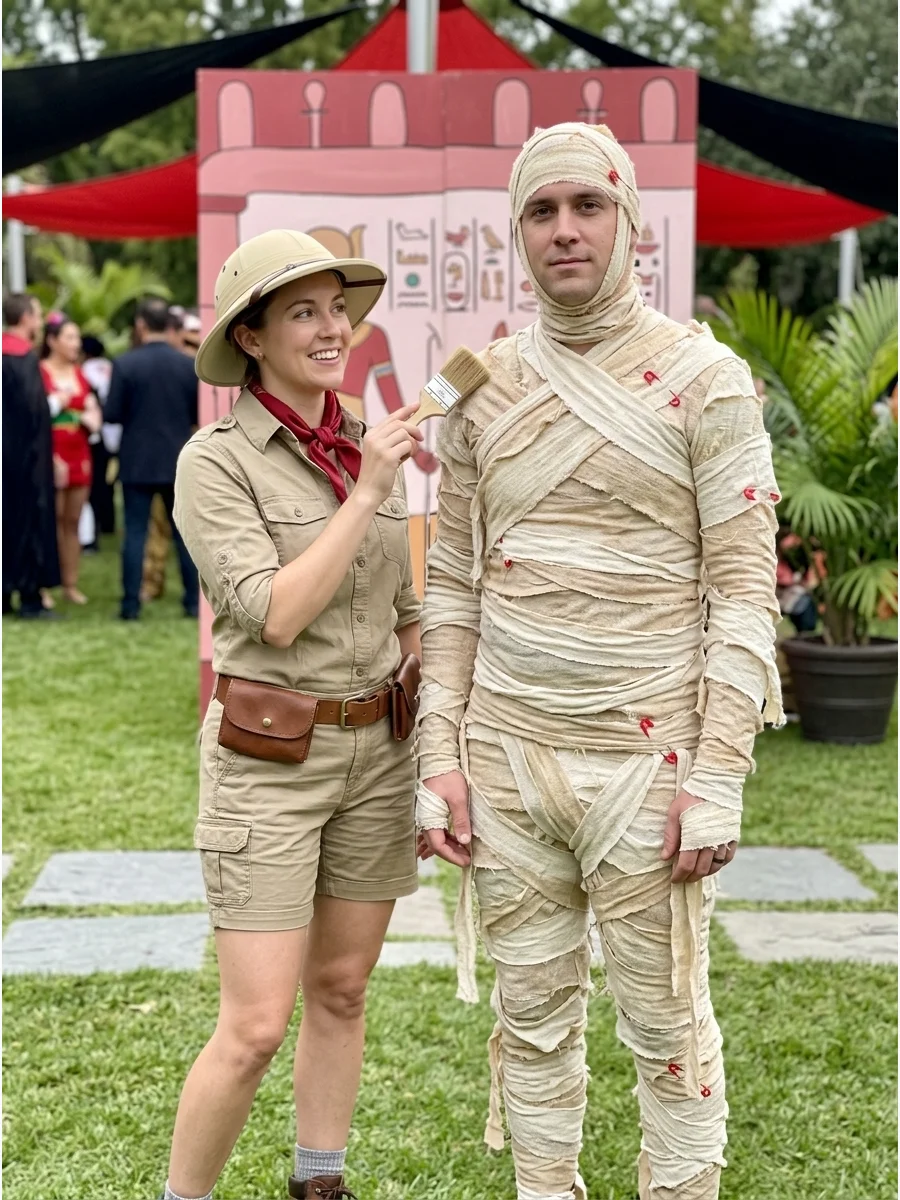 A couple dressed as a mummy and an archaeologist.