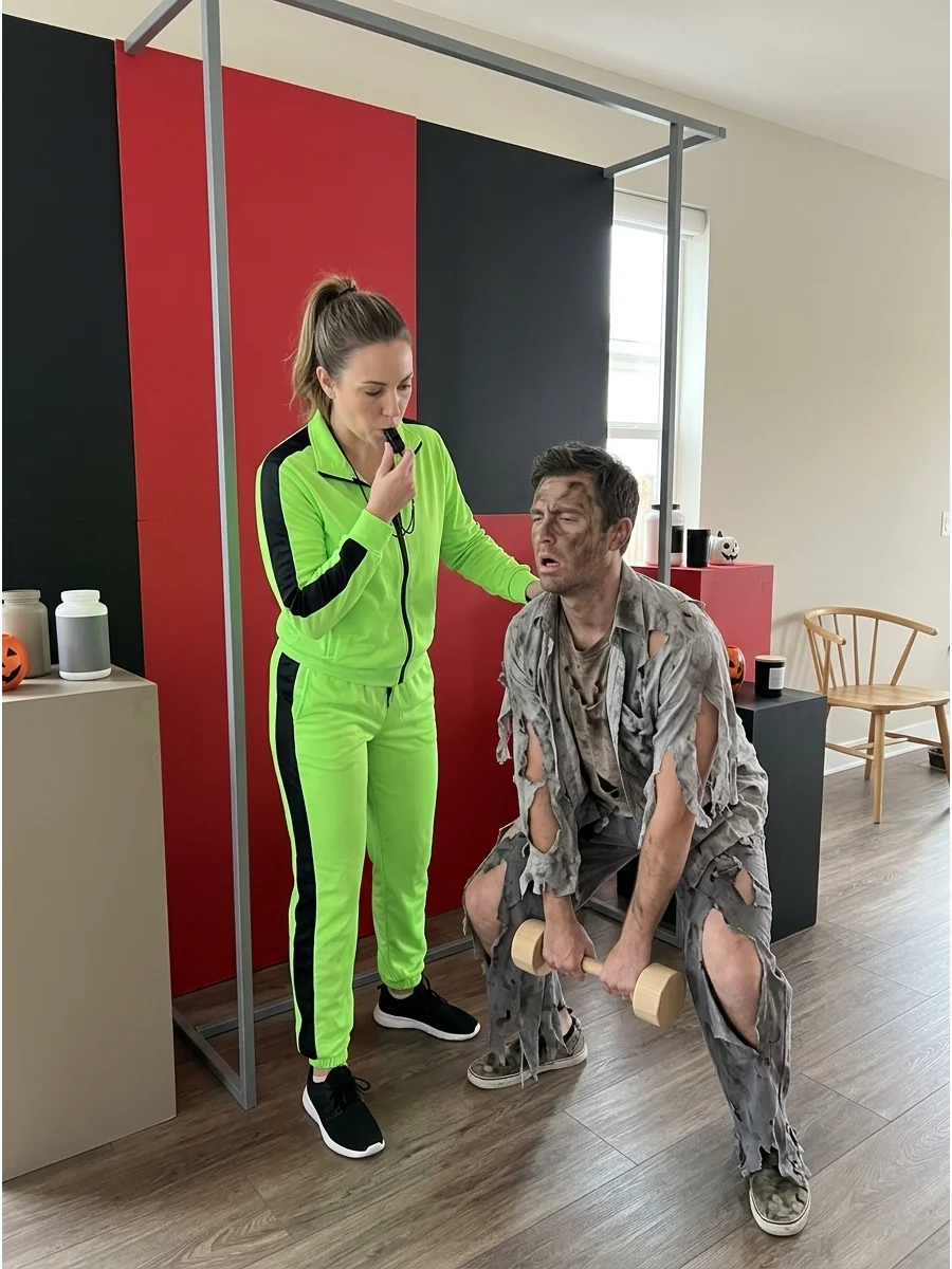 A personal trainer blowing a whistle at a zombie.