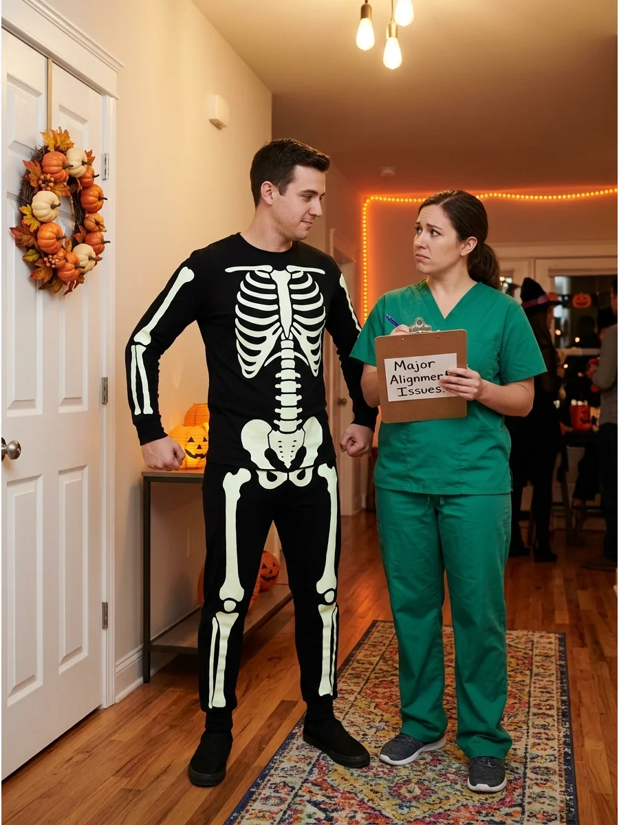 A skeleton standing next to a person in green medical scrubs.