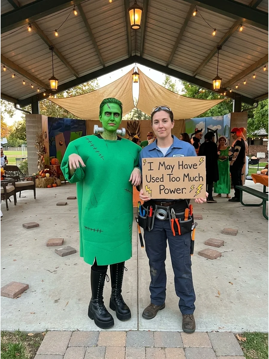 Frankenstein's monster standing next to an electrician with a tool belt.