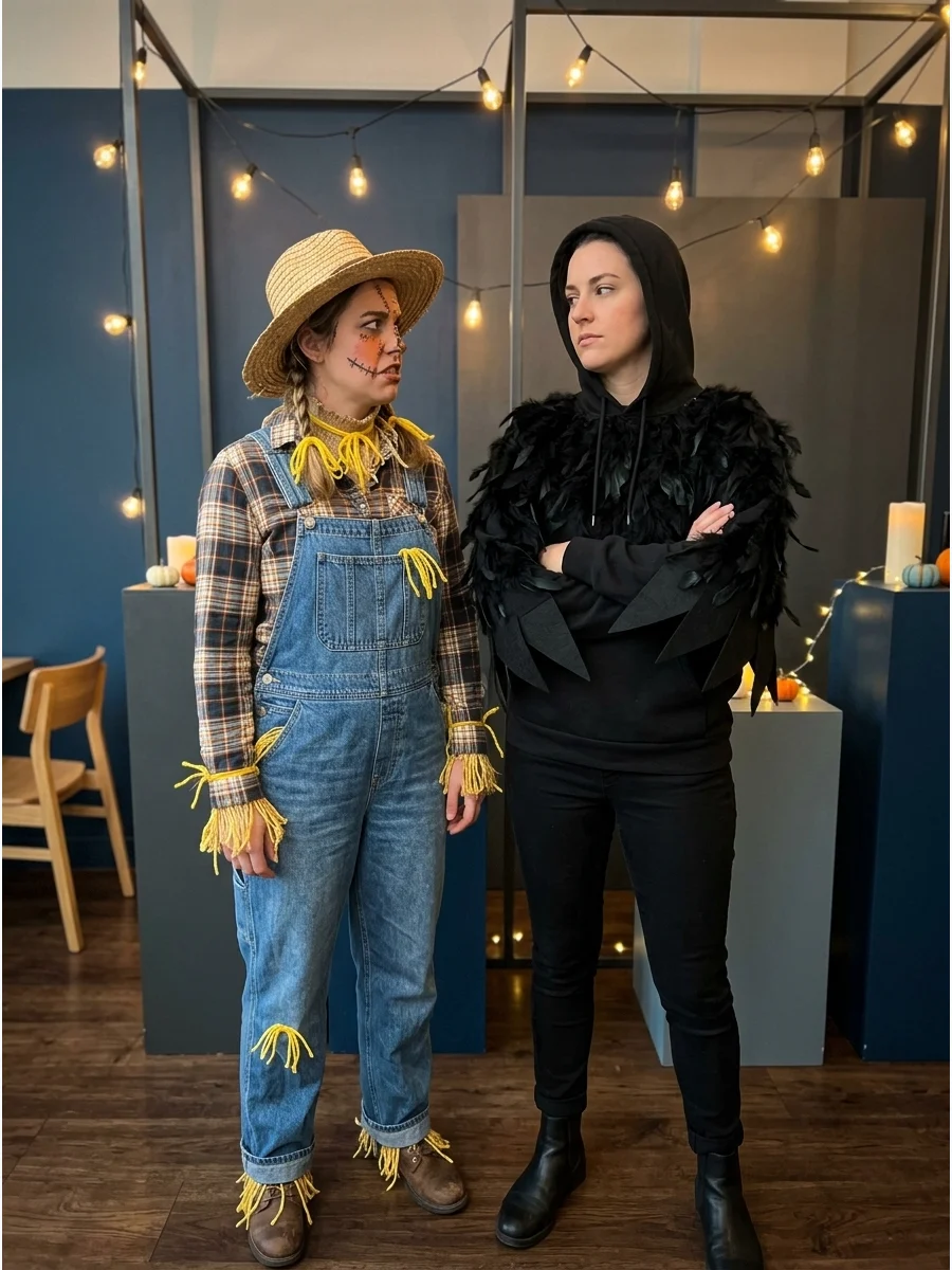 A scarecrow in overalls looking at a person in a black crow costume.