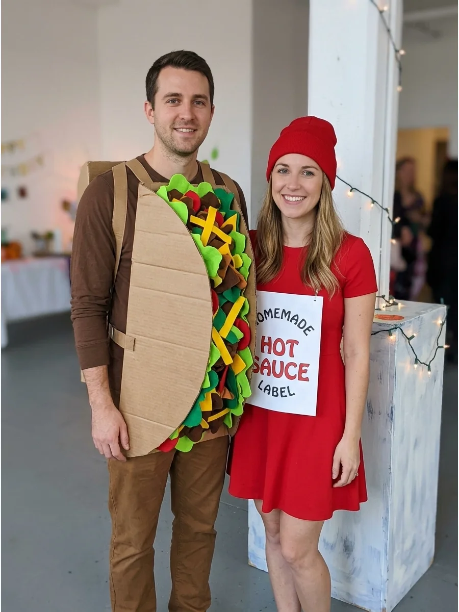 A couple wearing a taco costume and a red hot sauce bottle outfit.