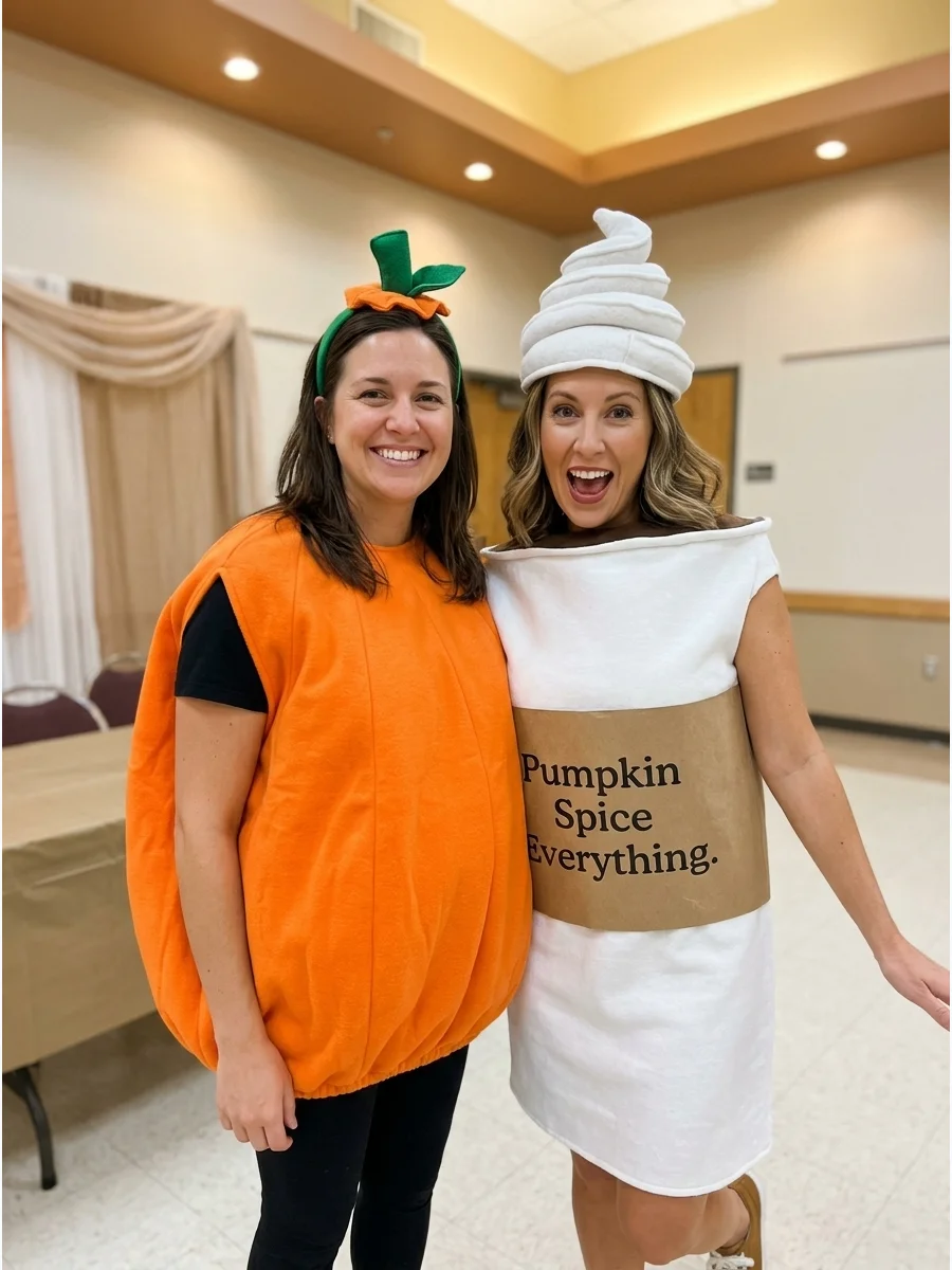 A couple dressed as a pumpkin and a pumpkin spice latte.