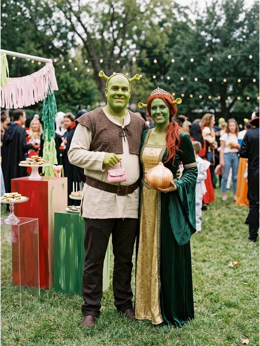 Couple dressed as Shrek and Fiona with a tiny pink handbag.