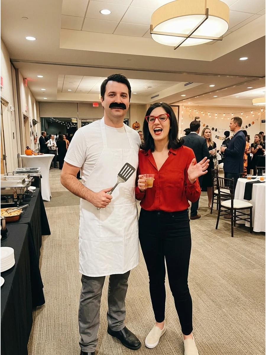 Couple dressed as Bob and Linda Belcher in a kitchen.