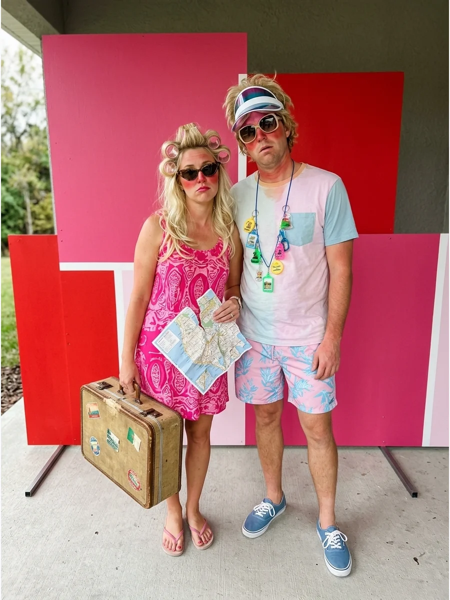Couple in pink beach clothes with fake red sunburn makeup.