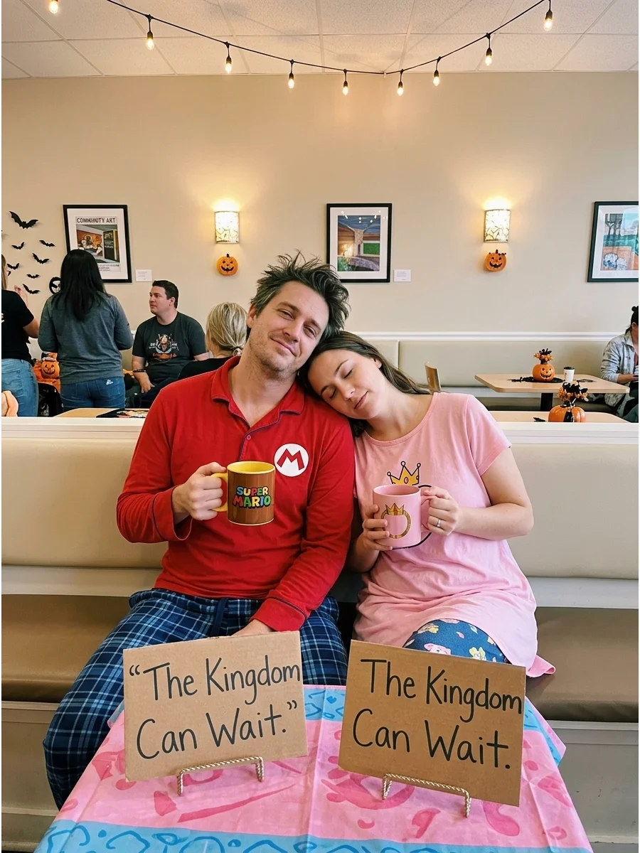 Couple in Mario and Peach pajamas holding coffee mugs.